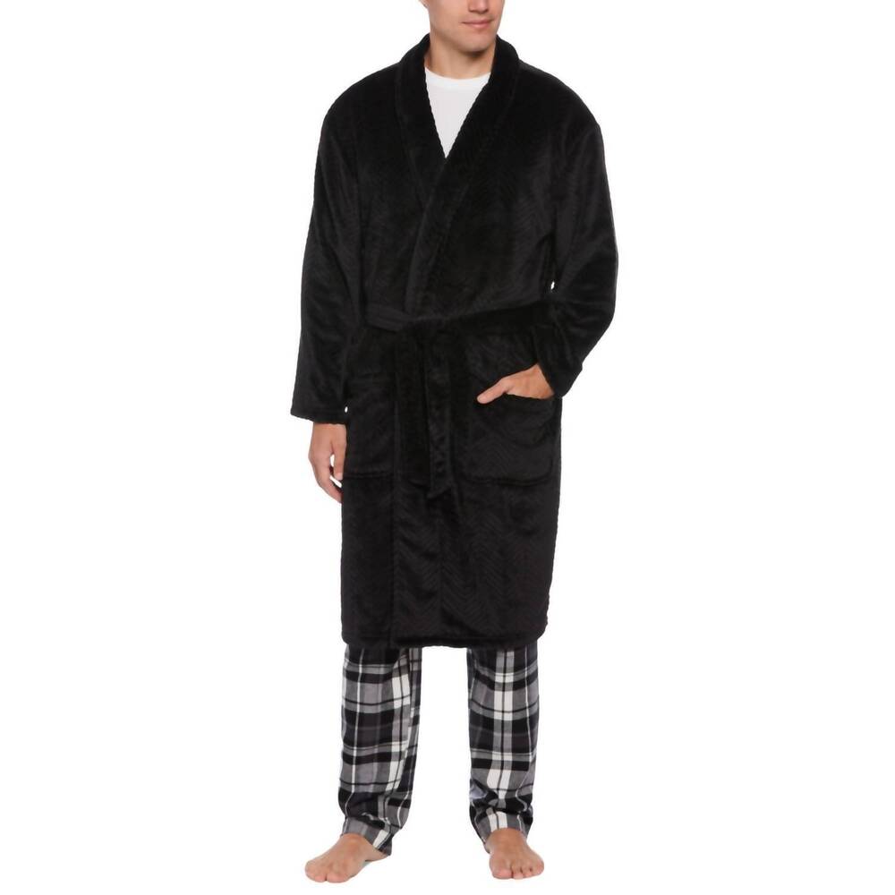 NEW PERRY ELLIS portfolio herringbone textured robe in black beauty